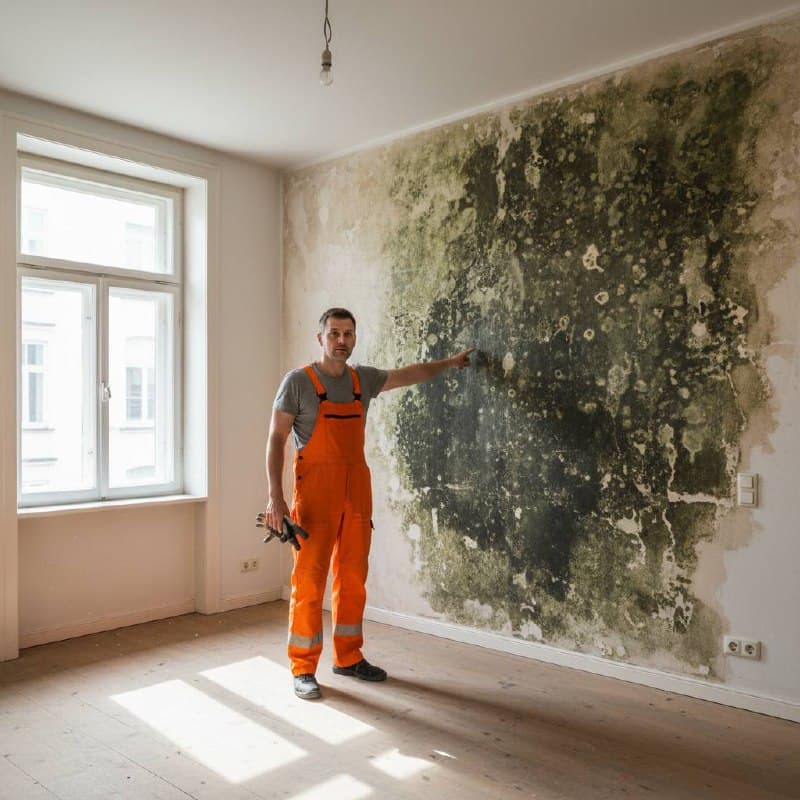 Entrümpelter Raum mit freiliegendem Schimmelbefall an der Wand — Arbeiter in orangefarbener Kleidung zeigt auf den Schaden